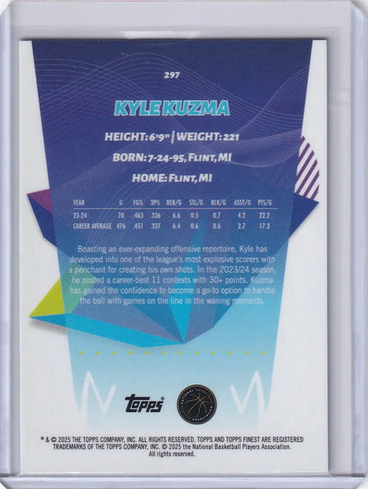 Back of Kyle Kuzma Finest Basketball Sky Blue trading card from 2024-25 Finest Basketball series