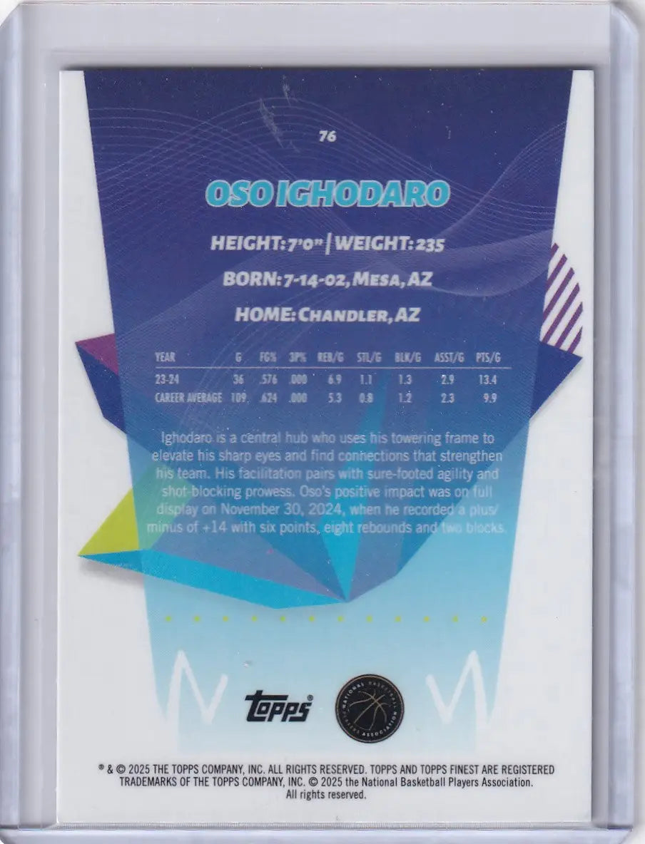 Basketball XFractor card of Oso Ighodaro with stats from 2024-25 Finest Basketball