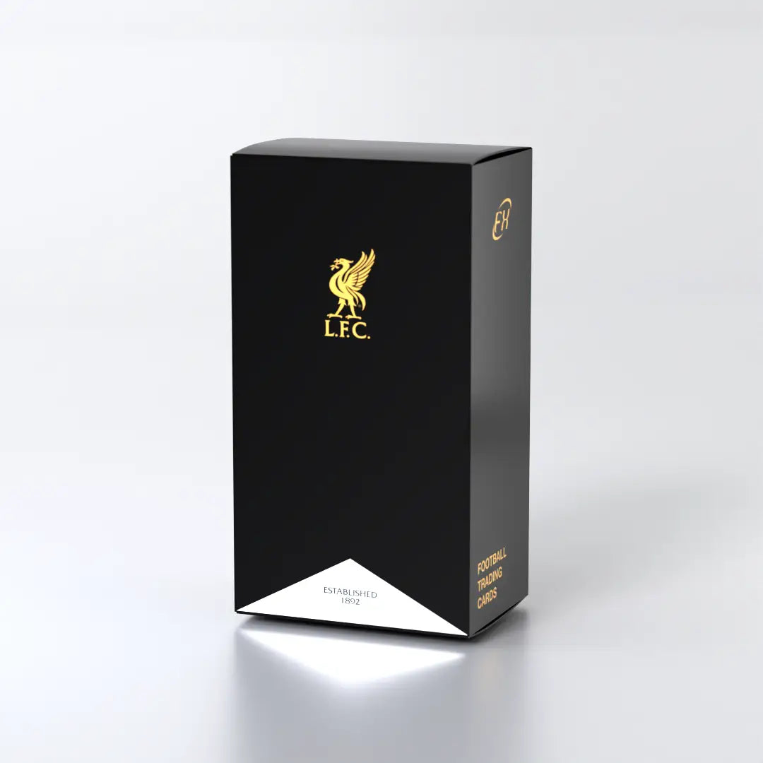 Black Liverpool Football Club trading card box from 2024-25 Futera FC Liverpool FX hobby box collection features on-card autographs
