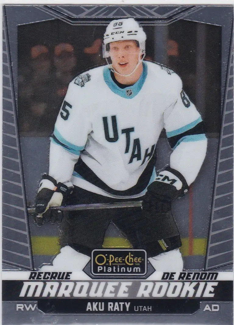 Hockey trading card featuring Aku Raty Marquee Rookie in Utah Hockey Club jersey