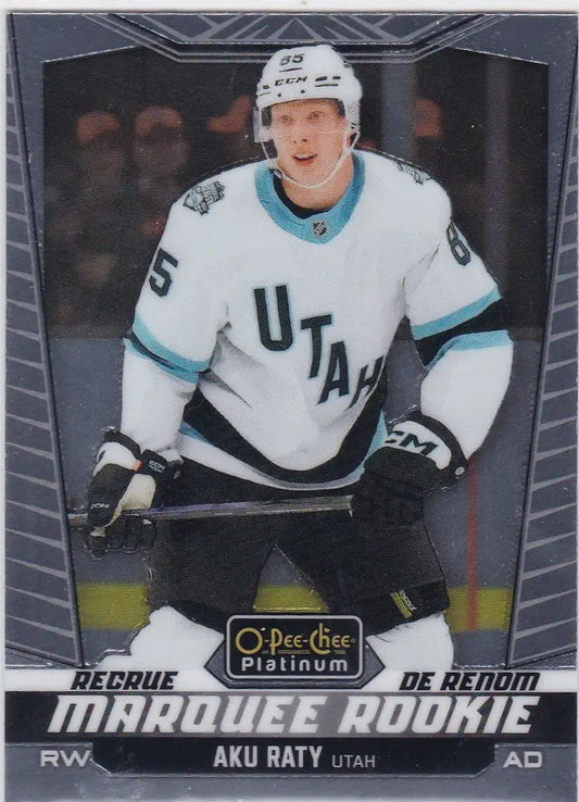 Hockey trading card featuring Aku Raty Marquee Rookie in Utah Hockey Club jersey