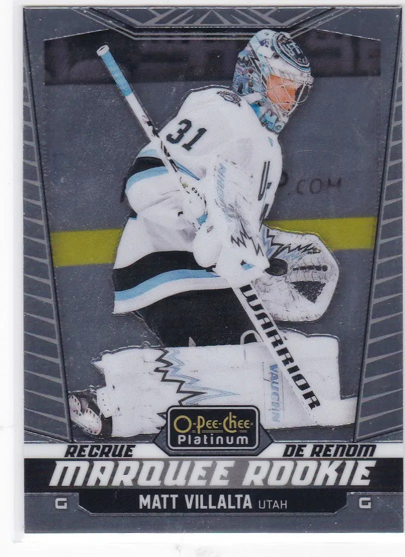 Hockey trading card featuring Matt Villalta Utah platinum marquee rookie goalie in black and white gear