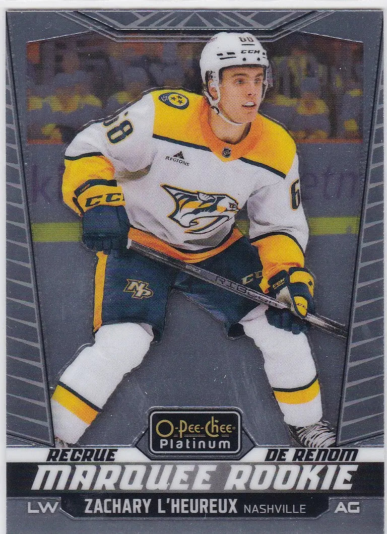 Hockey trading card of Zachary L’Heureux in Nashville Predators platinum marquee rookie card