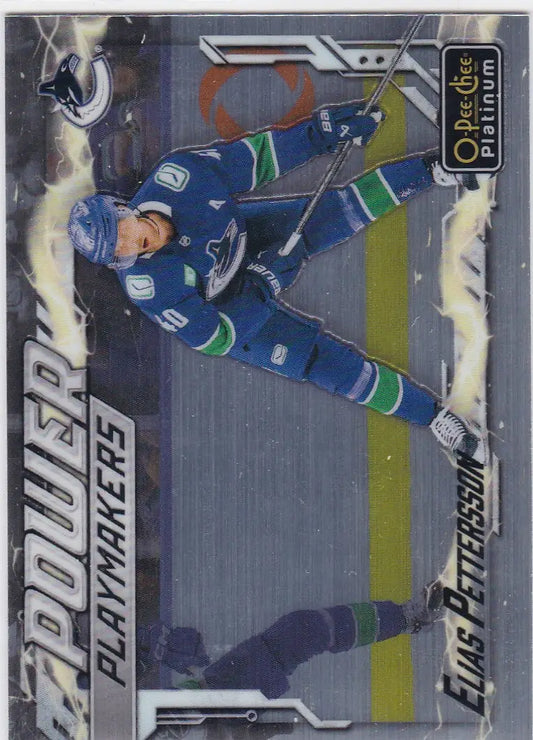 Elias Petterson Power Playmakers hockey card from 2024-25 O-Pee-Chee Platinum Canucks