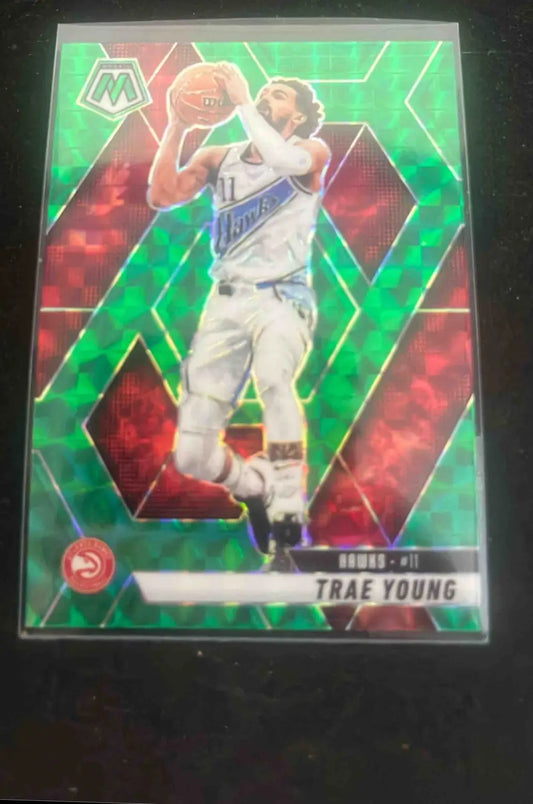 Green and red holographic Panini Basketball Mosaic Trae Young card featuring Trae Young