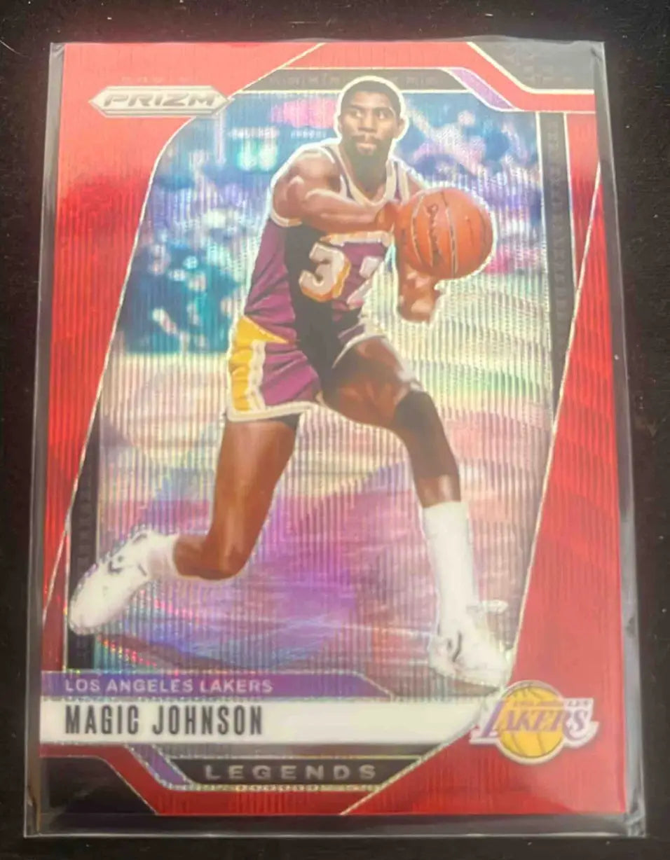 Red Panini Basketball Prizm Magic Johnson Ruby Wave trading card featuring Magic Johnson