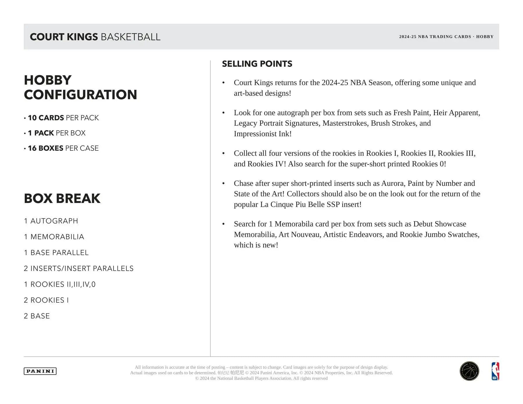 2024-25 Panini Court Kings Basketball Hobby Box with memorabilia card and rookie jumbo swatches