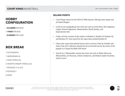 2024-25 Panini Court Kings Basketball Hobby Box with memorabilia card and rookie jumbo swatches