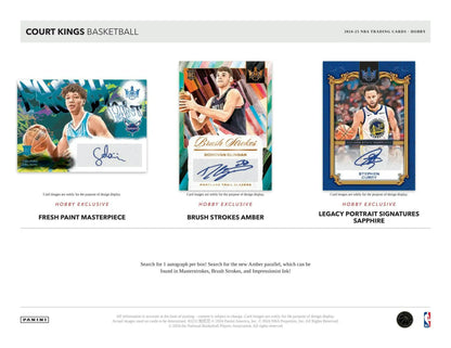 Basketball trading cards from 2024-25 Panini Court Kings Hobby Box featuring memorabilia card and rookie jumbo swatches