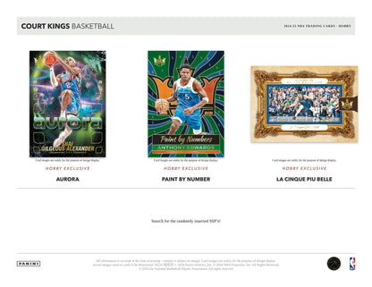 Basketball trading cards from 2024-25 Panini Court Kings Hobby Box featuring memorabilia card and rookie jumbo swatches
