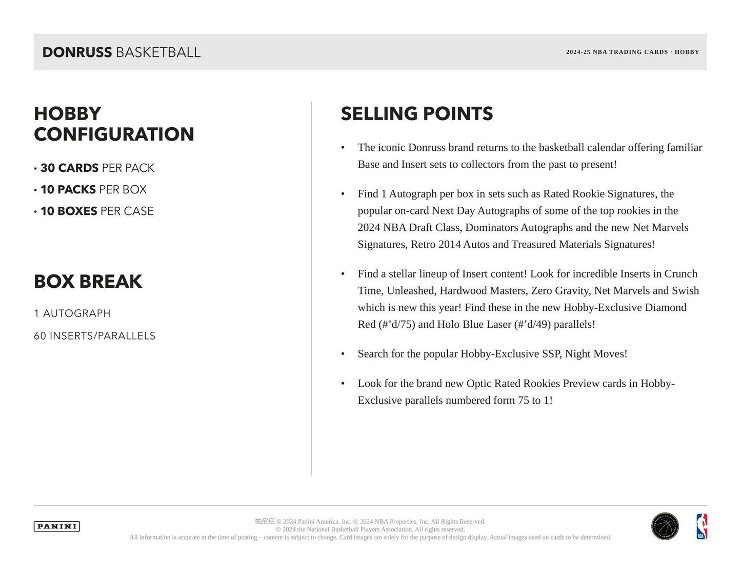 2024-25 Panini Donruss Basketball Hobby Box highlights Rated Rookies and Press Proof features