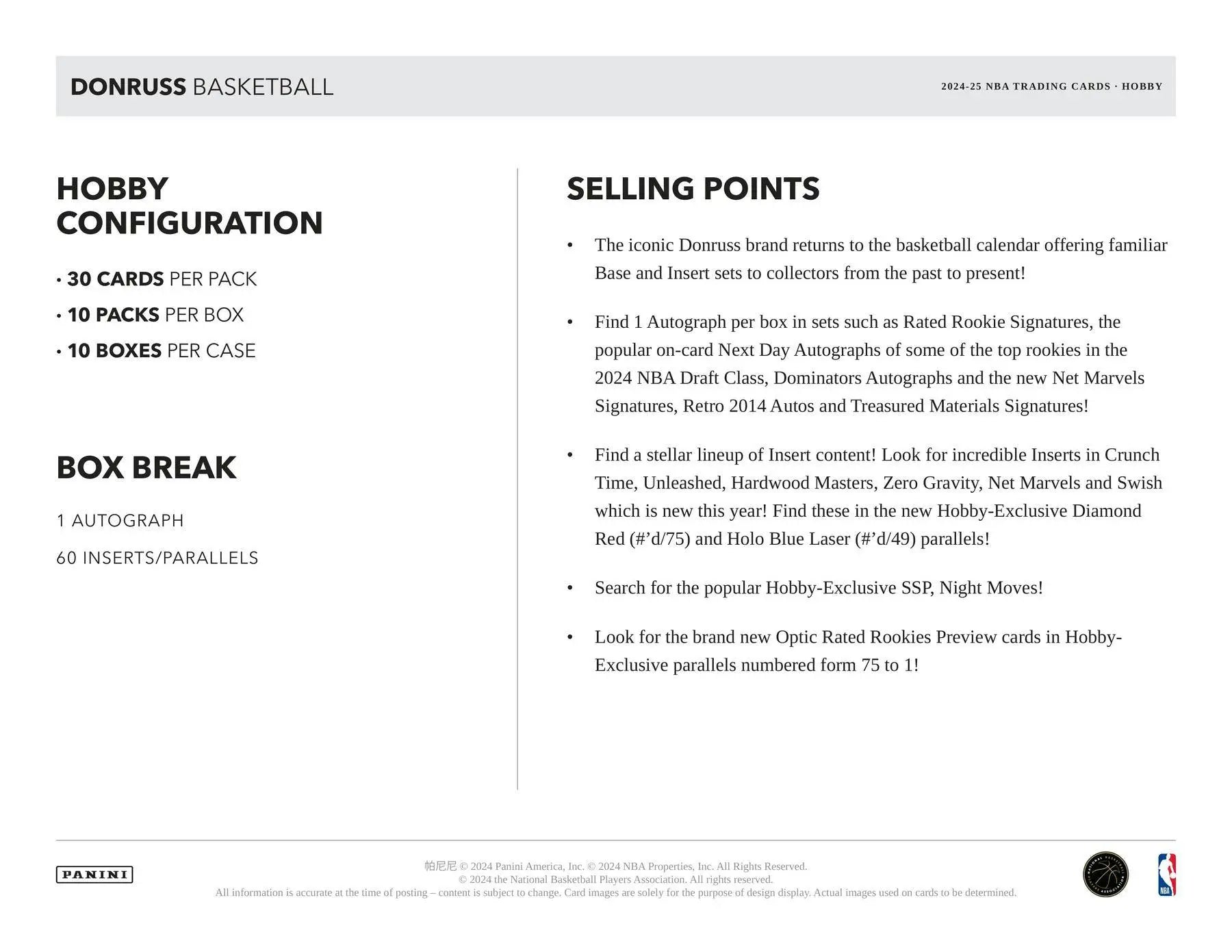 2024-25 Panini Donruss Basketball Hobby Box highlights Rated Rookies and Press Proof features