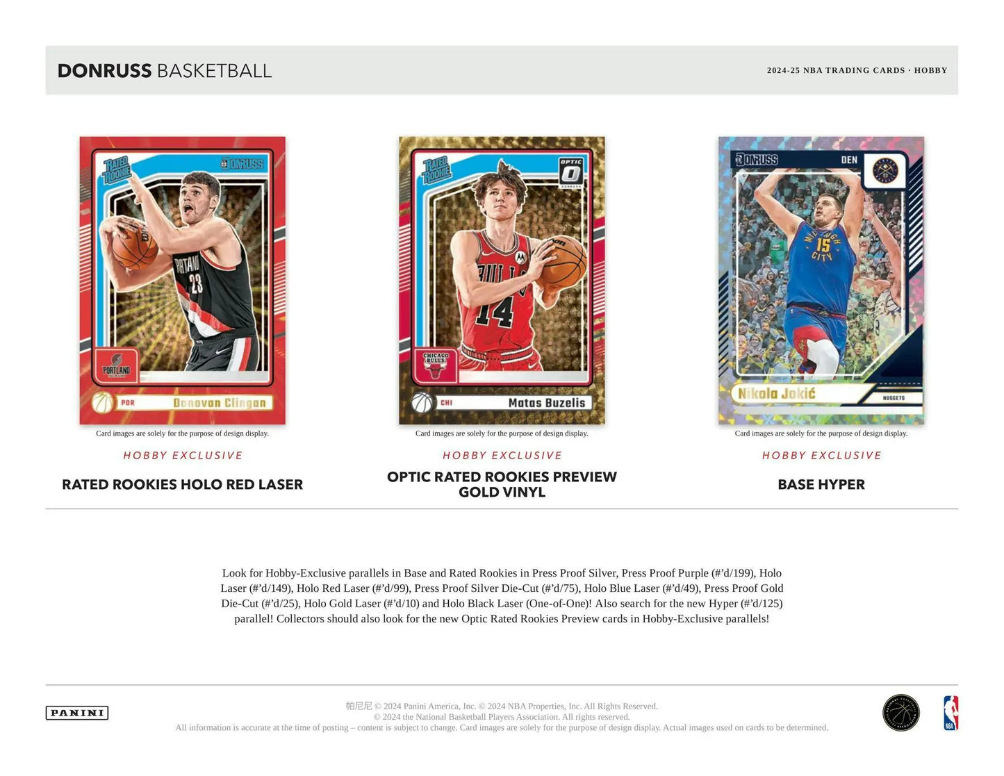 Basketball trading cards featuring Rated Rookies from 2024-25 Panini Donruss Hobby Box