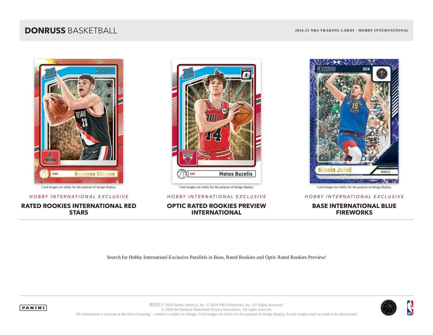 Display of three collectible Panini Donruss Basketball trading cards in an international hobby box