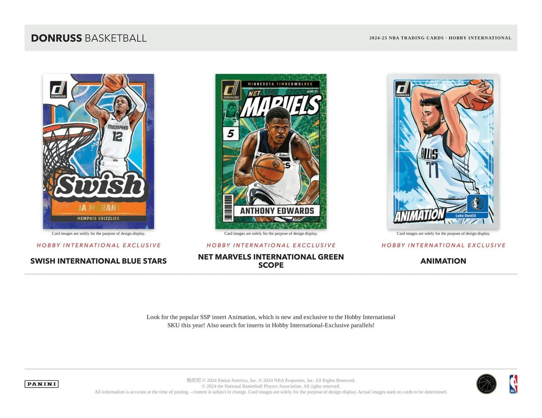 Three collectible Panini Donruss Basketball trading cards from the 2024-25 International Hobby Box