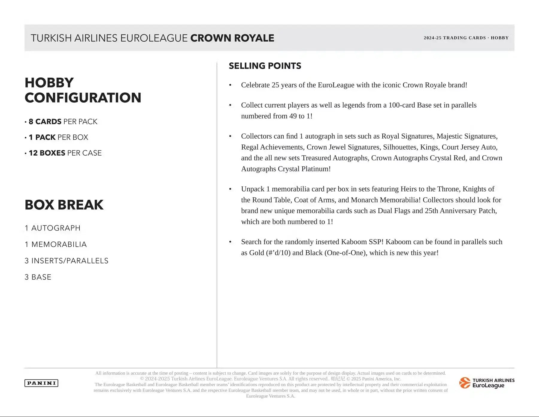 Euroleague Crown Royale basketball hobby box featuring Crown Royale game configuration and selling points