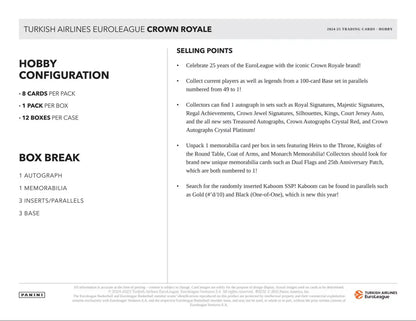 Euroleague Crown Royale basketball hobby box featuring Crown Royale game configuration and selling points