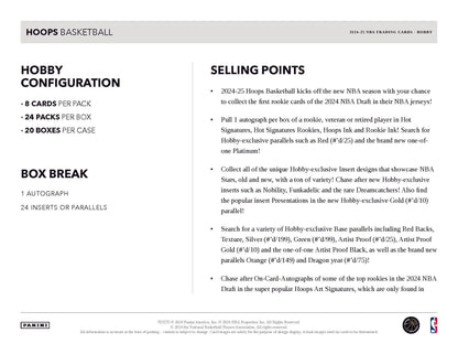 2024-25 Panini Hoops Basketball Hobby Box features key selling points and configuration details