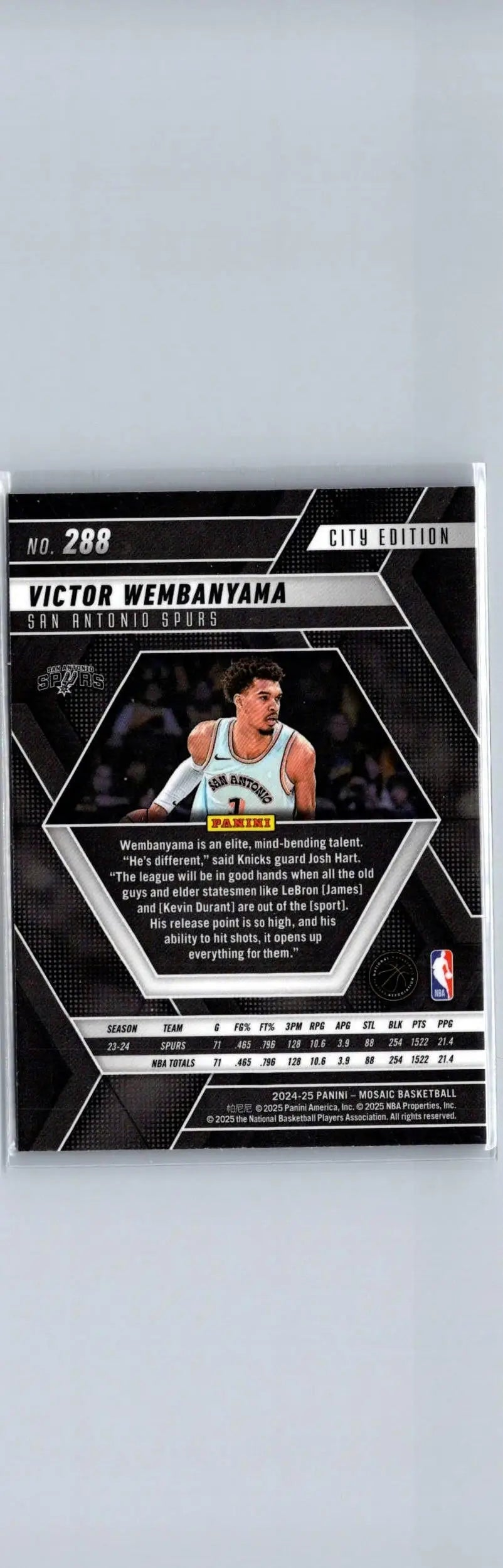 Collectible Victor Wembanyama basketball trading card from 2024-25 Panini Mosaic series