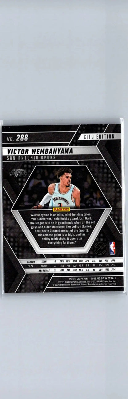 Collectible Victor Wembanyama basketball trading card from 2024-25 Panini Mosaic series