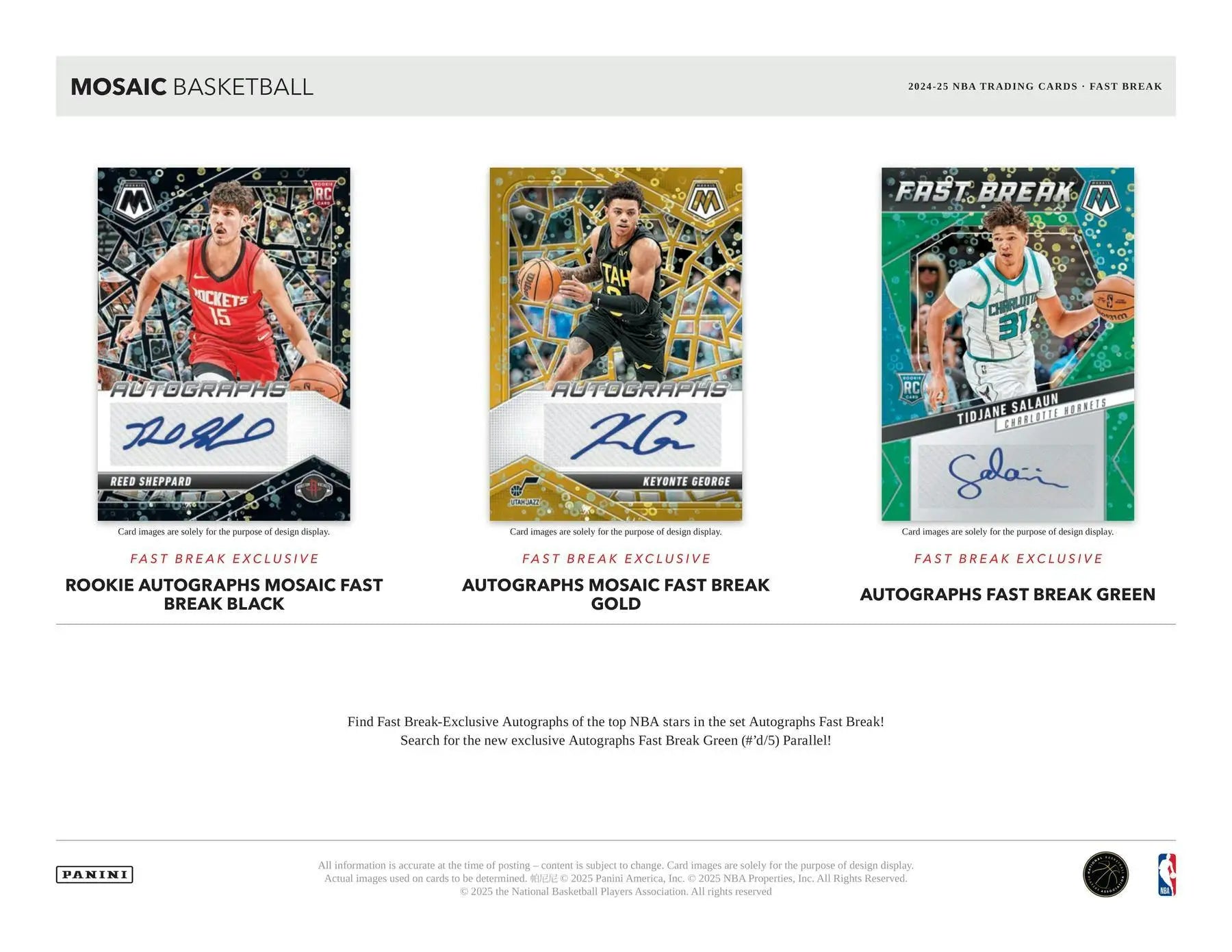 Three collectible NBA basketball trading cards with autographs from Mosaic Fast Break series