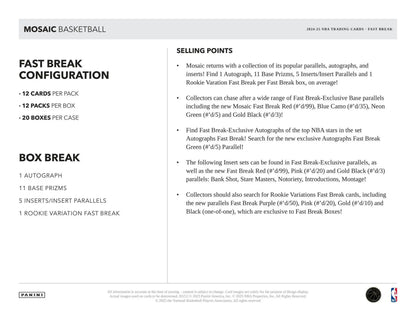 Fact sheet for Mosaic Fast Break Basketball cards in 2024-25 Panini Mosaic Fast Break Box