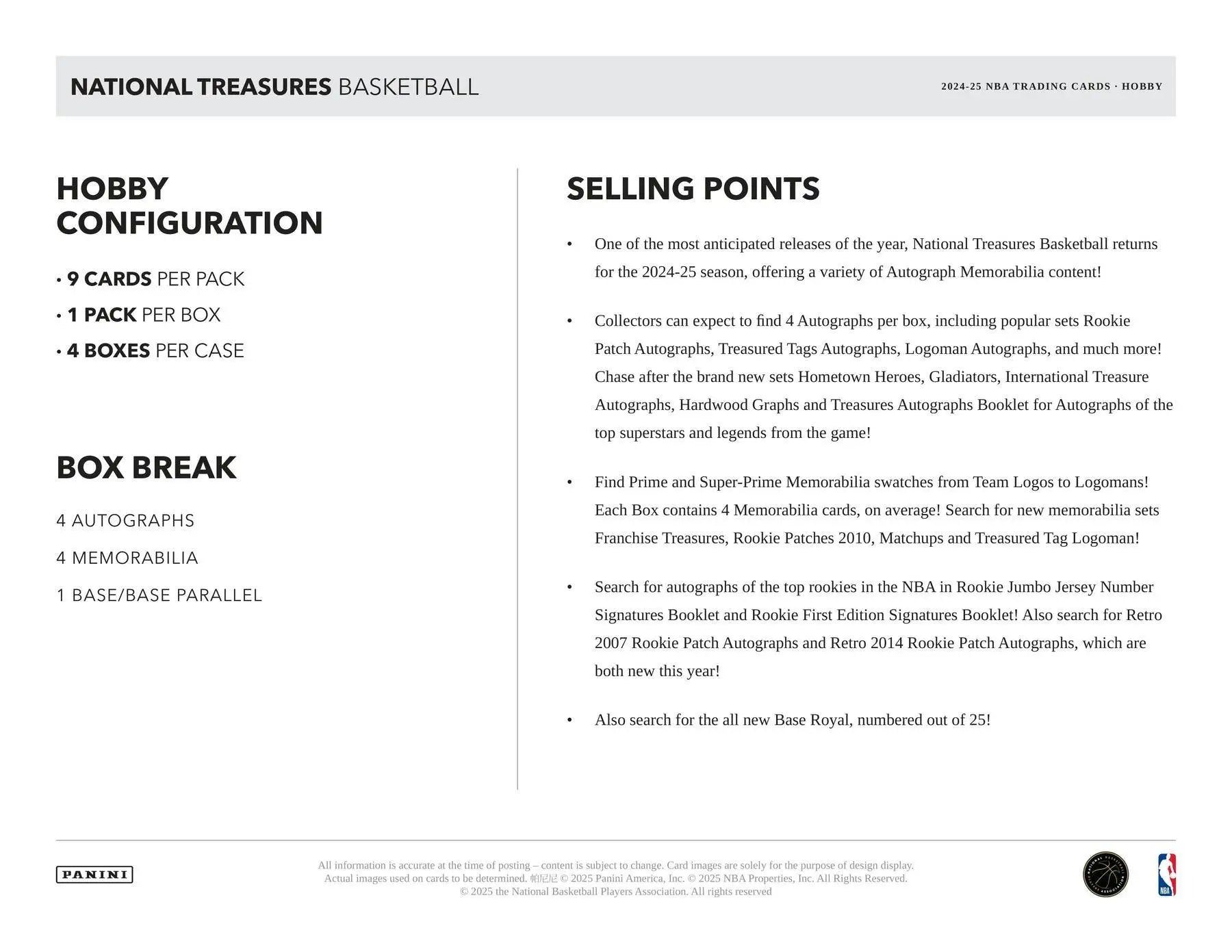 Product sheet for 2024/25 Panini National Treasures Basketball hobby box with four autographs