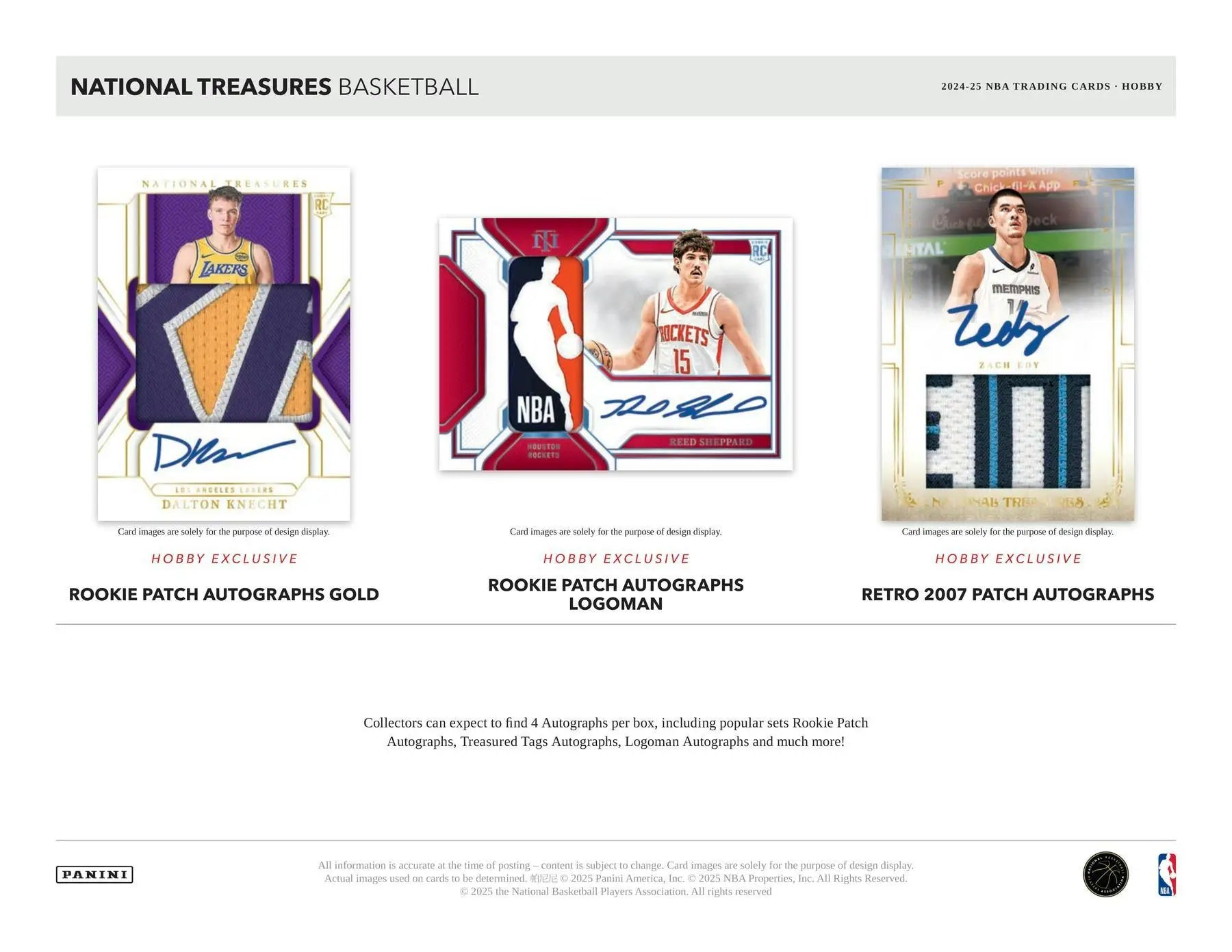 Basketball trading cards with autographs and jersey patches from 2024/25 Panini National Treasures Basketball Hobby Box