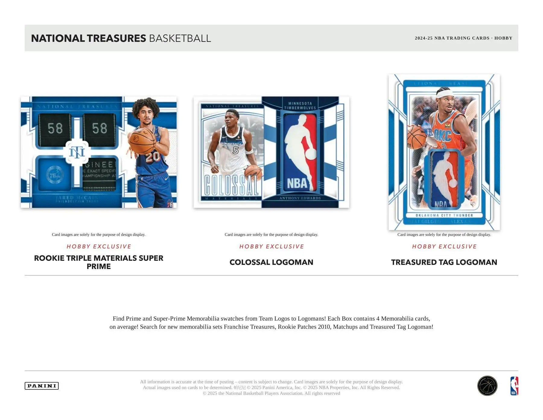 Promotional image of National Treasures Basketball trading cards with three Hobby Exclusive designs