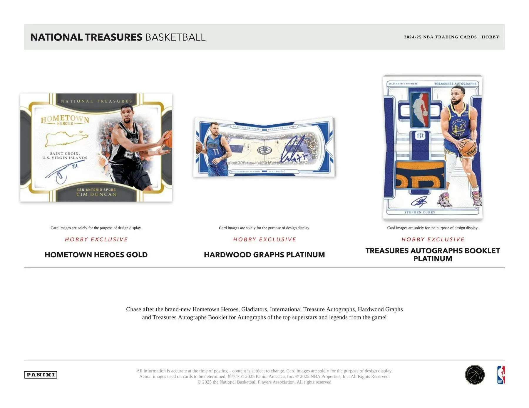 Promotional flyer for National Treasures Basketball trading cards showcasing four autographs