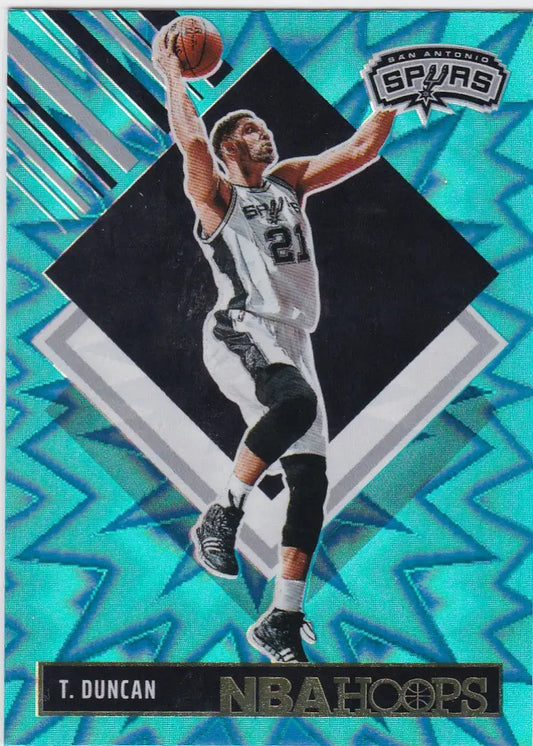 Basketball trading card of Tim Duncan in San Antonio Spurs uniform from Panini NBA Hoope Teal Explosion