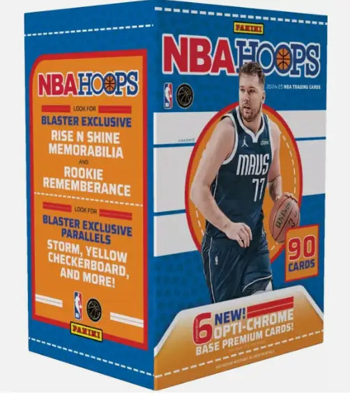 NBA Hoops Blaster Box showcasing Mavericks player in navy jersey by Panini NBA Hoops
