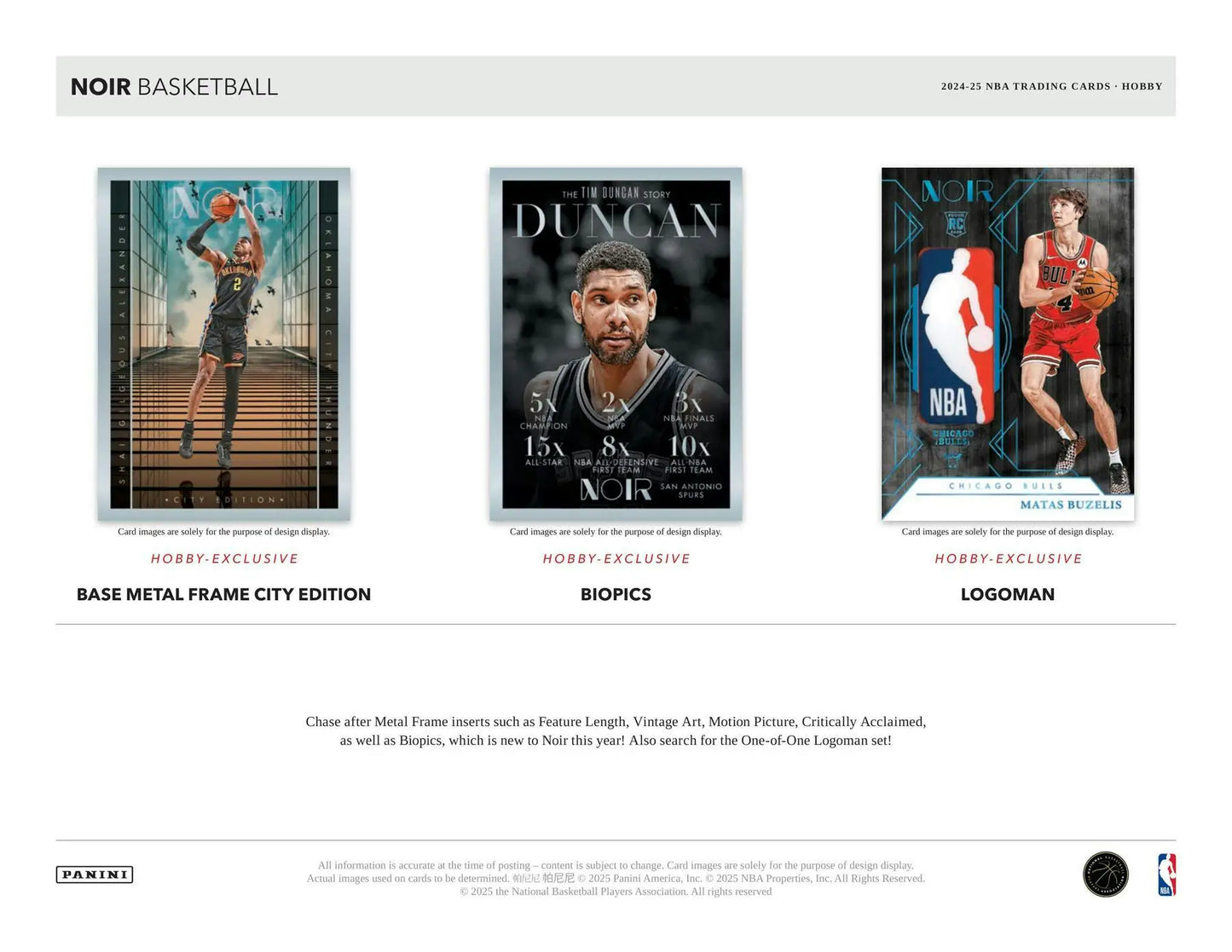 Promotional display of three unique collectible Panini Noir Basketball cards in 2024‑25 Panini Noir Hobby Box