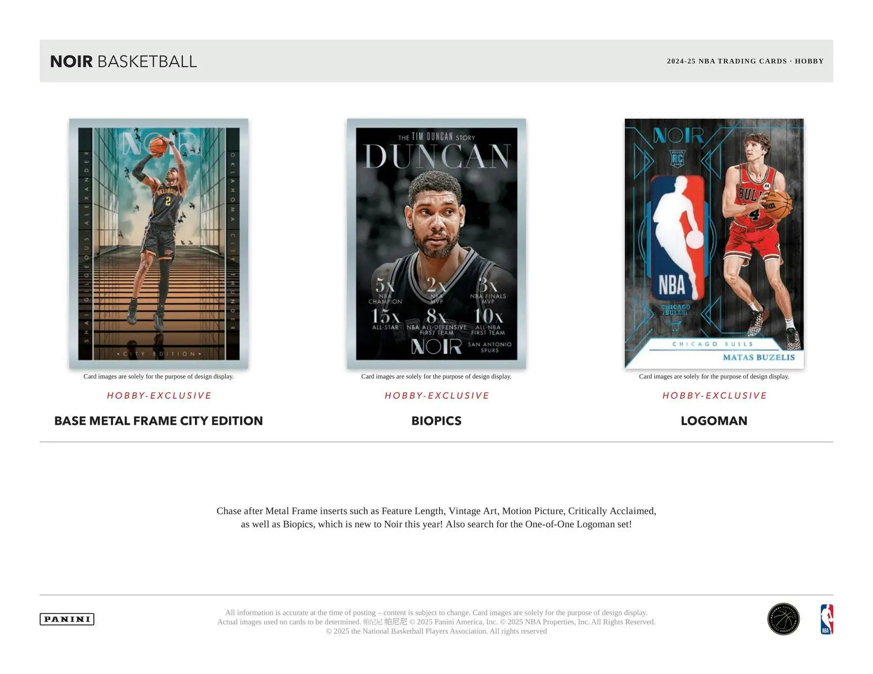 Promotional display of three unique collectible Panini Noir Basketball cards in 2024‑25 Panini Noir Hobby Box