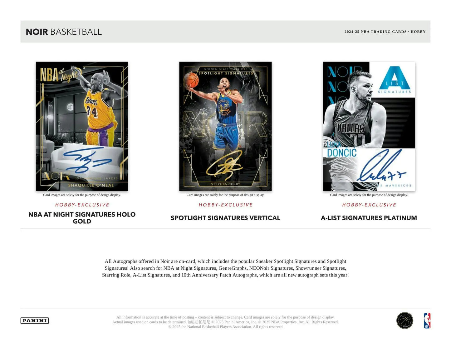 Brochure showcasing three collectible NBA trading cards with autographs from Panini Noir Basketball