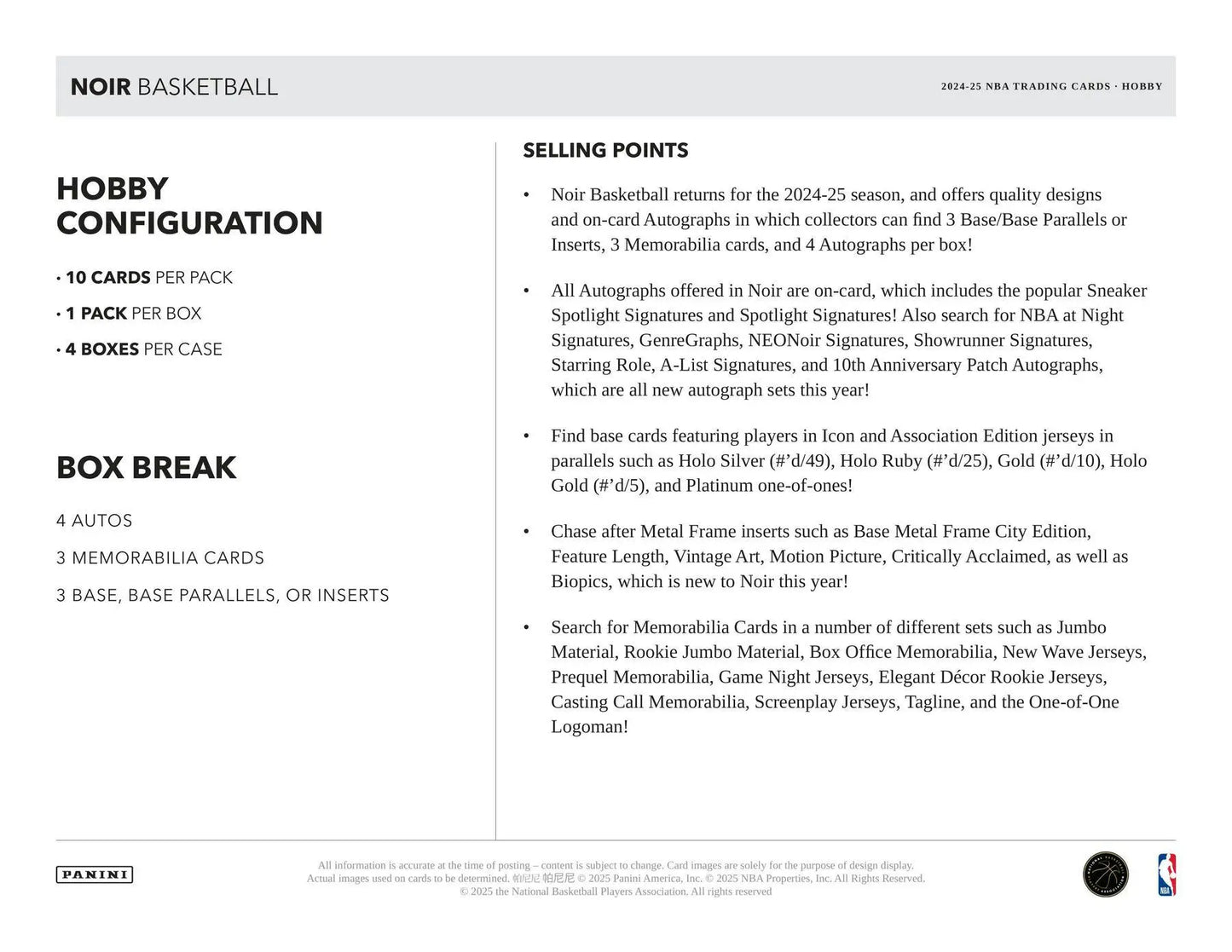 Document detailing configuration and selling points of Panini Noir Basketball trading cards