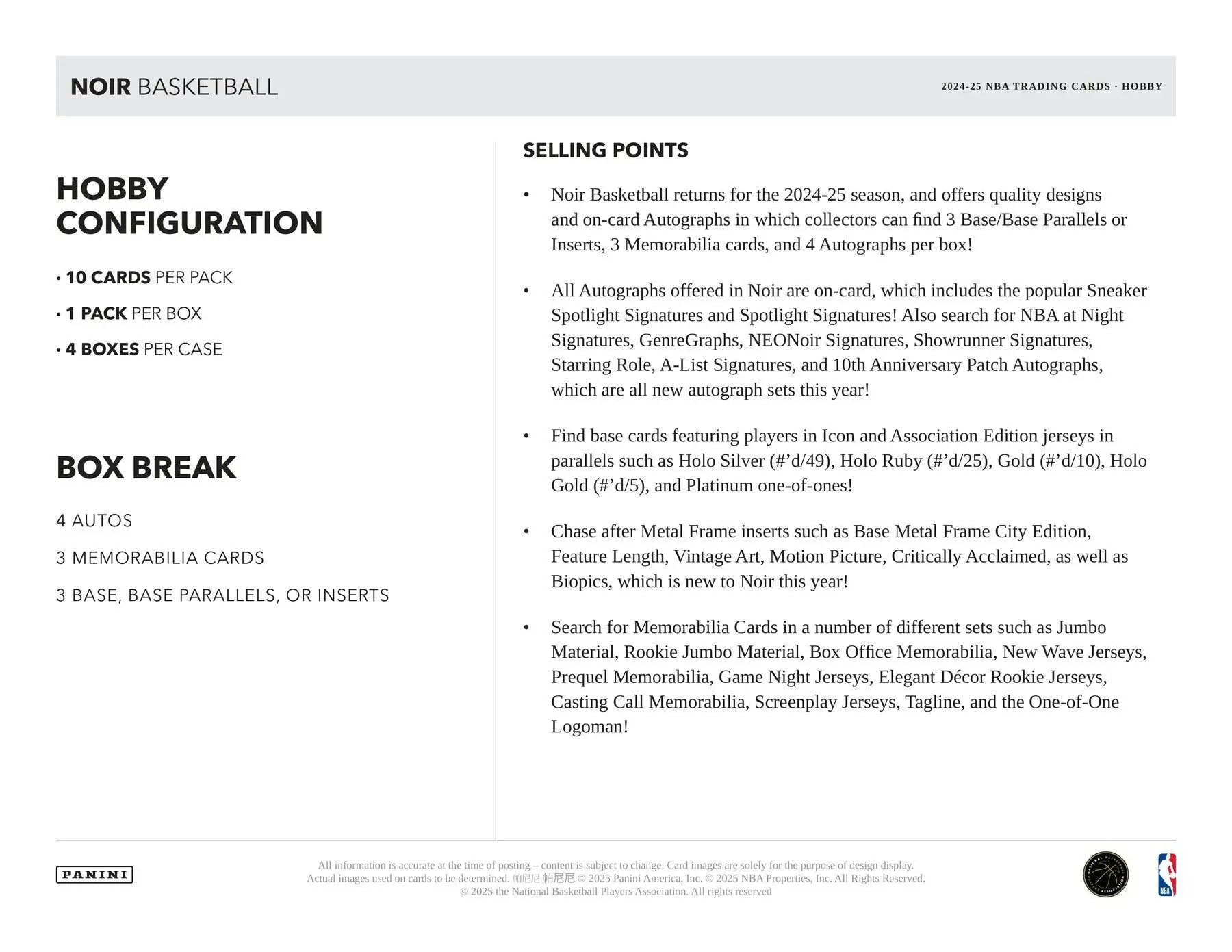 Document detailing configuration and selling points of Panini Noir Basketball trading cards