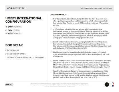 Product sheet showcasing Panini Noir Basketball International trading cards details