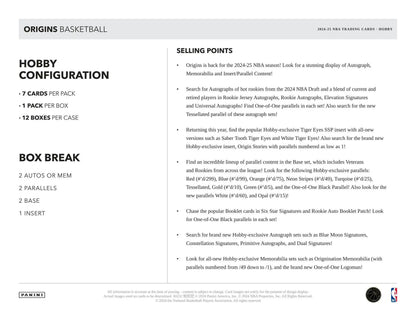 2024-25 Panini Origins Basketball Hobby Box featuring Tiger Eyes Ssp rookie auto booklet