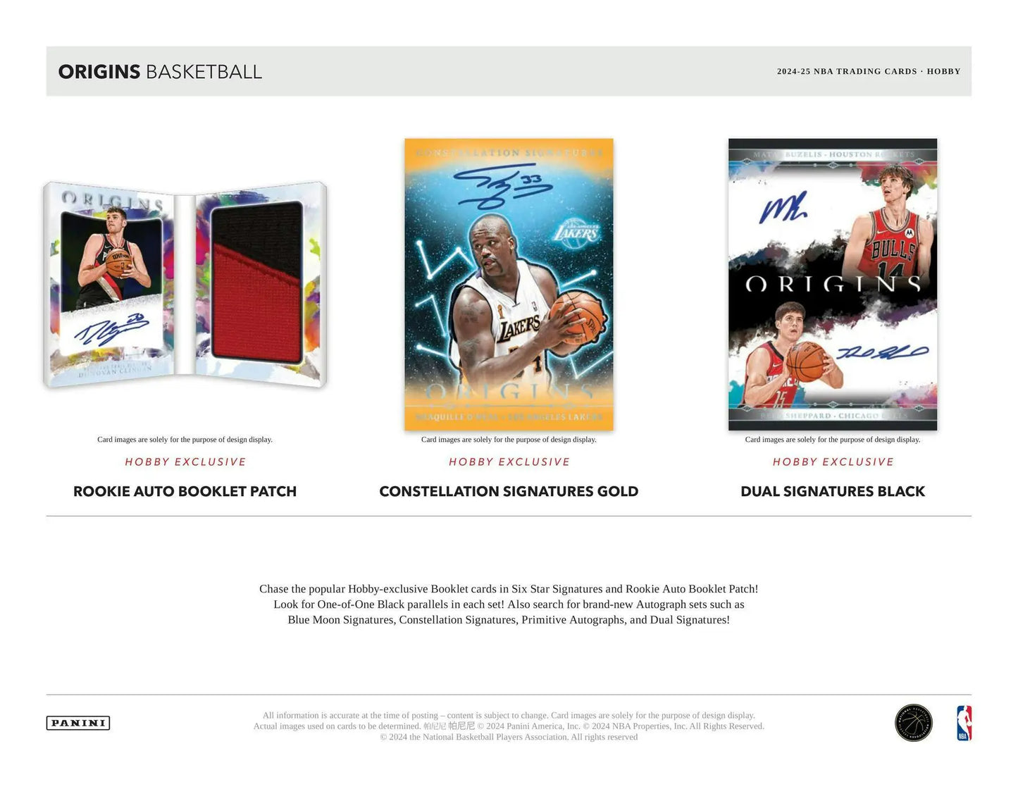 Basketball trading cards from 2024-25 Panini Origins Hobby Box featuring Tiger Eyes Ssp and Rookie Auto Booklet