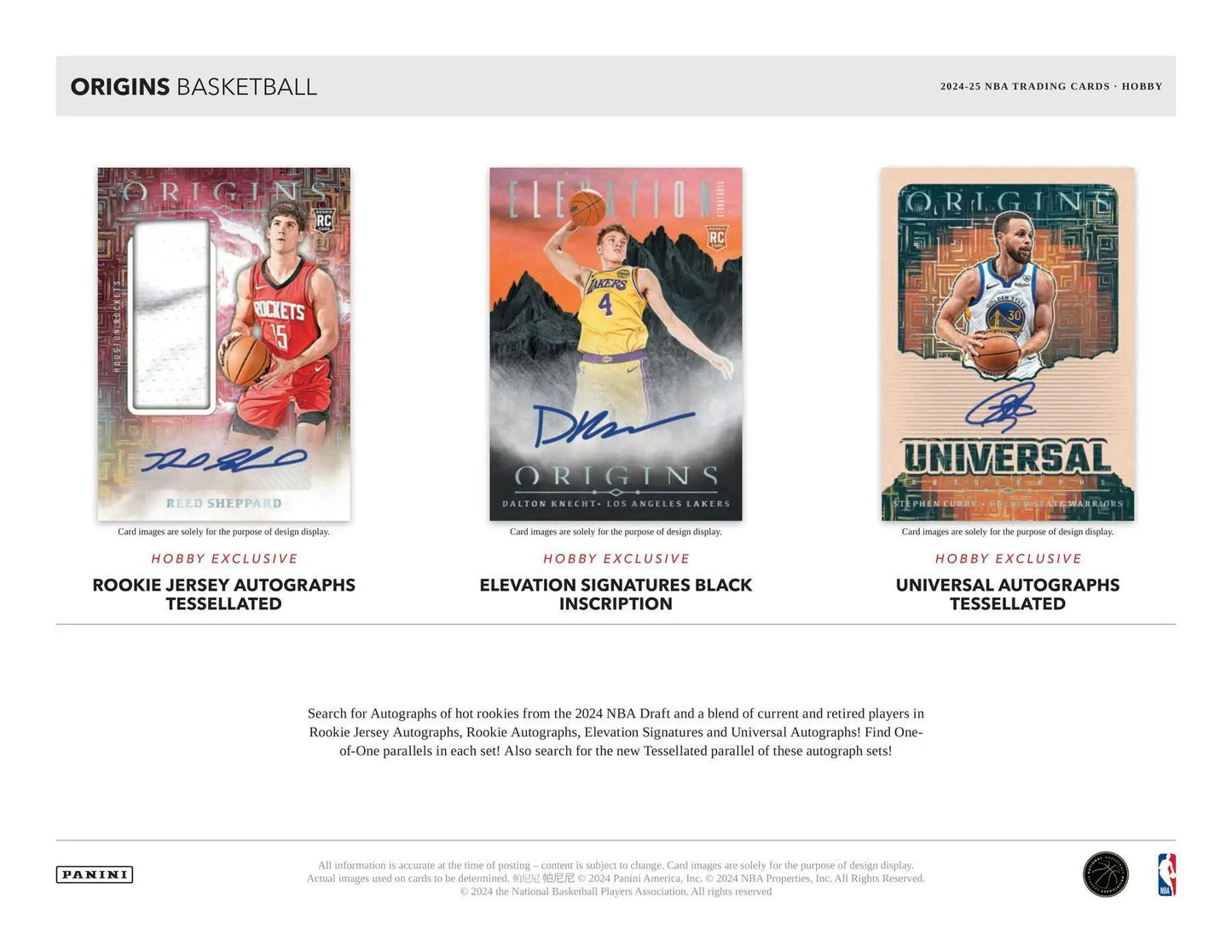 Basketball trading cards featuring Tiger Eyes SSP and Rookie Auto Booklet inside the 2024-25 Panini Origins Hobby Box