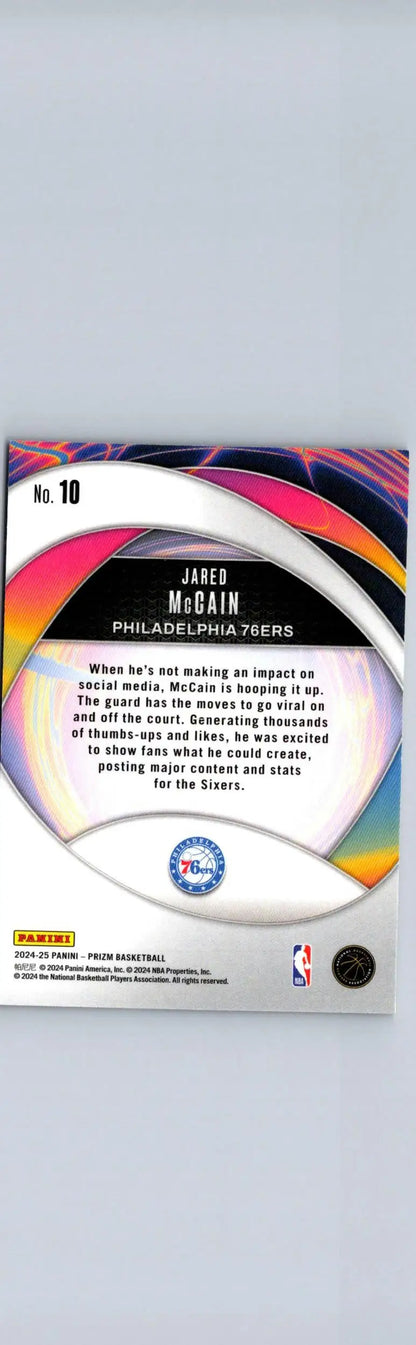 Jared McCain Philadelphia 76ers trading card from 2024-25 Panini Prizm Jared McCain Instant Impact