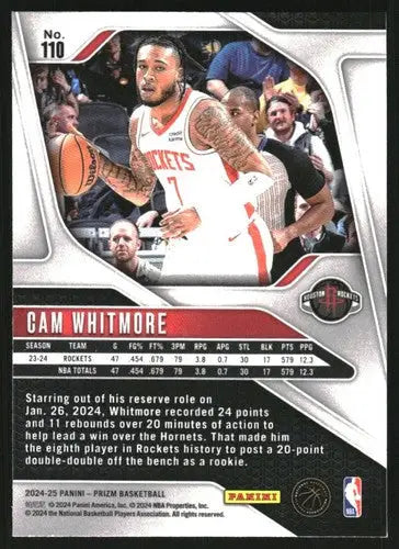 Original gloss Panini Prizm Cam Whitmore basketball card from 2024-25 Rockets collection