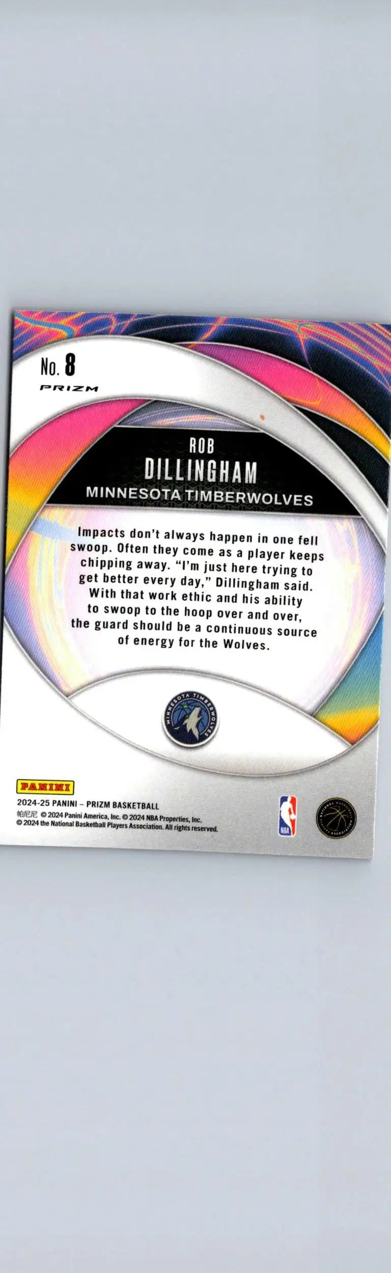 NBA basketball trading card of B Dillingham Minnesota Timberwolves Panini Prizm Ron Holland II Instant Impact
