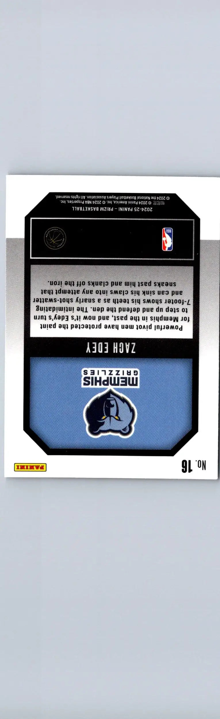 Back of a 2024-25 Panini Prizm Zach Edey Emergent basketball trading card