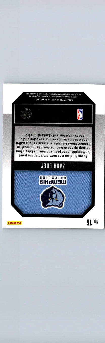 Back of a 2024-25 Panini Prizm Zach Edey Emergent basketball trading card