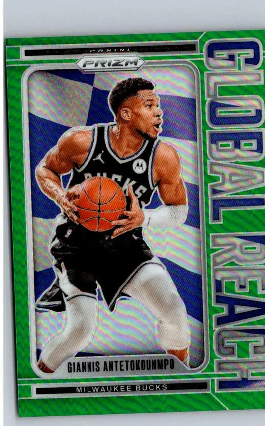 Giannis Antetokounmpo basketball card from 2024-25 Panini Prizm Global Reach Prizms Green