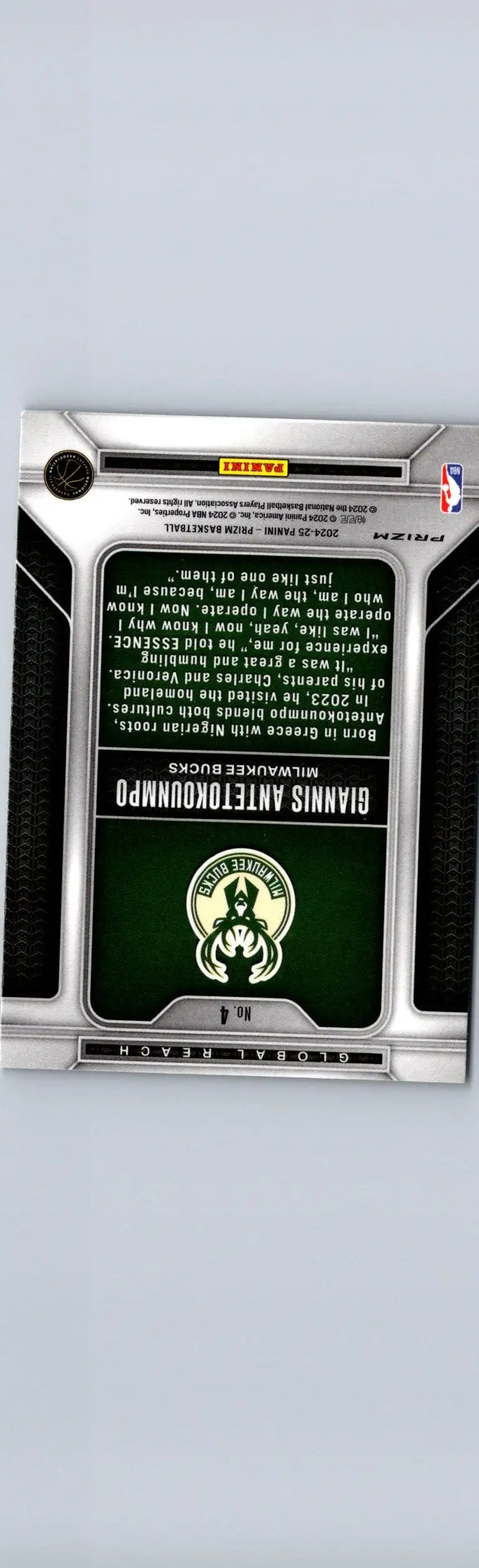 Basketball trading card featuring Giannis Antetokounmpo Global Reach Prizm Green 2024-25