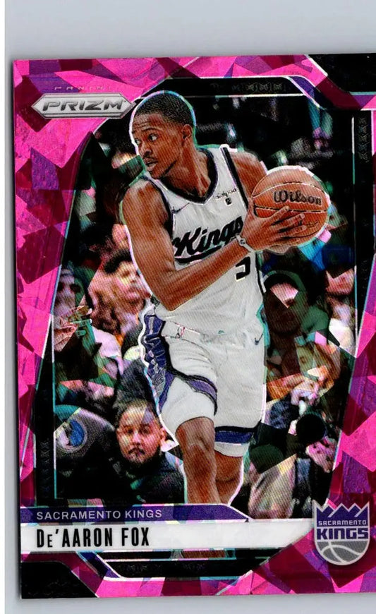 De’Aaron Fox basketball card from Panini Prizm with Prizms Pink Ice design