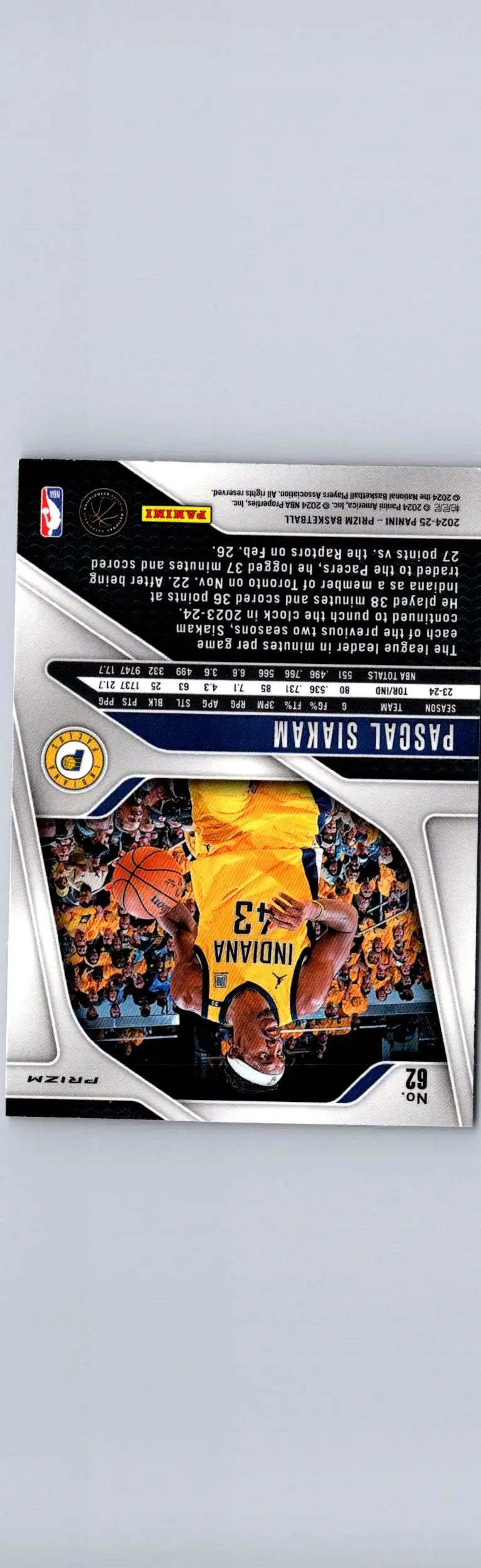 Pascal Siakam basketball card from 2024-25 Panini Prizm Siakam Prizms Pink Ice